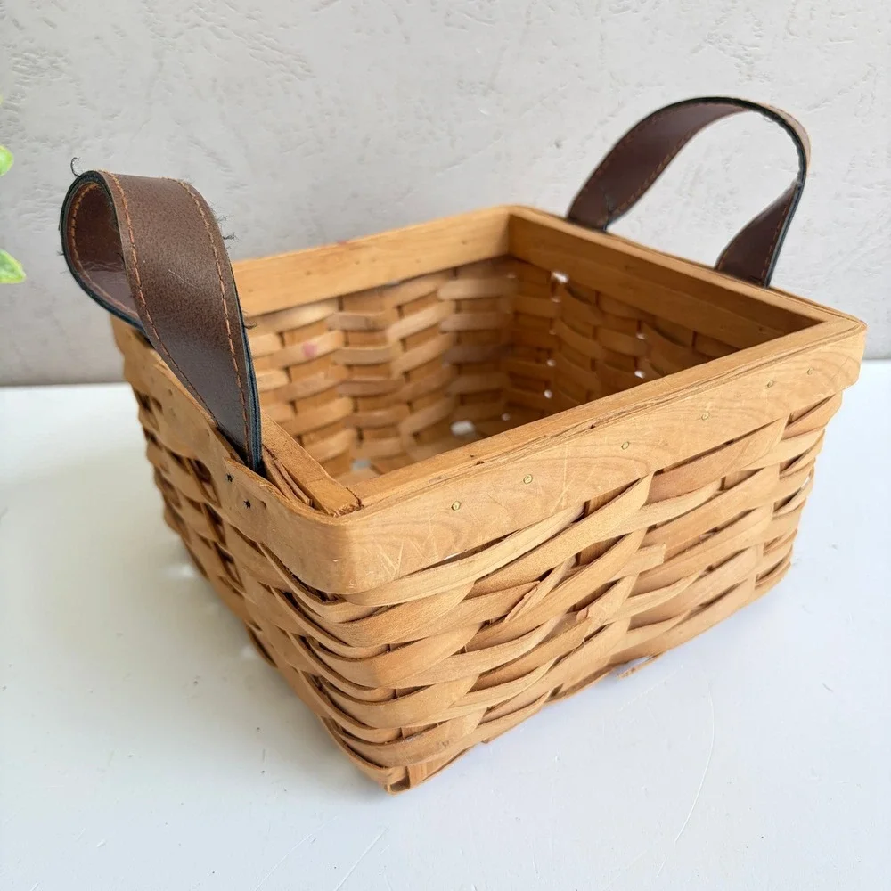 Vintage Woven Wood Square Basket with Brown Faux Leather Handles Farmhouse Decor